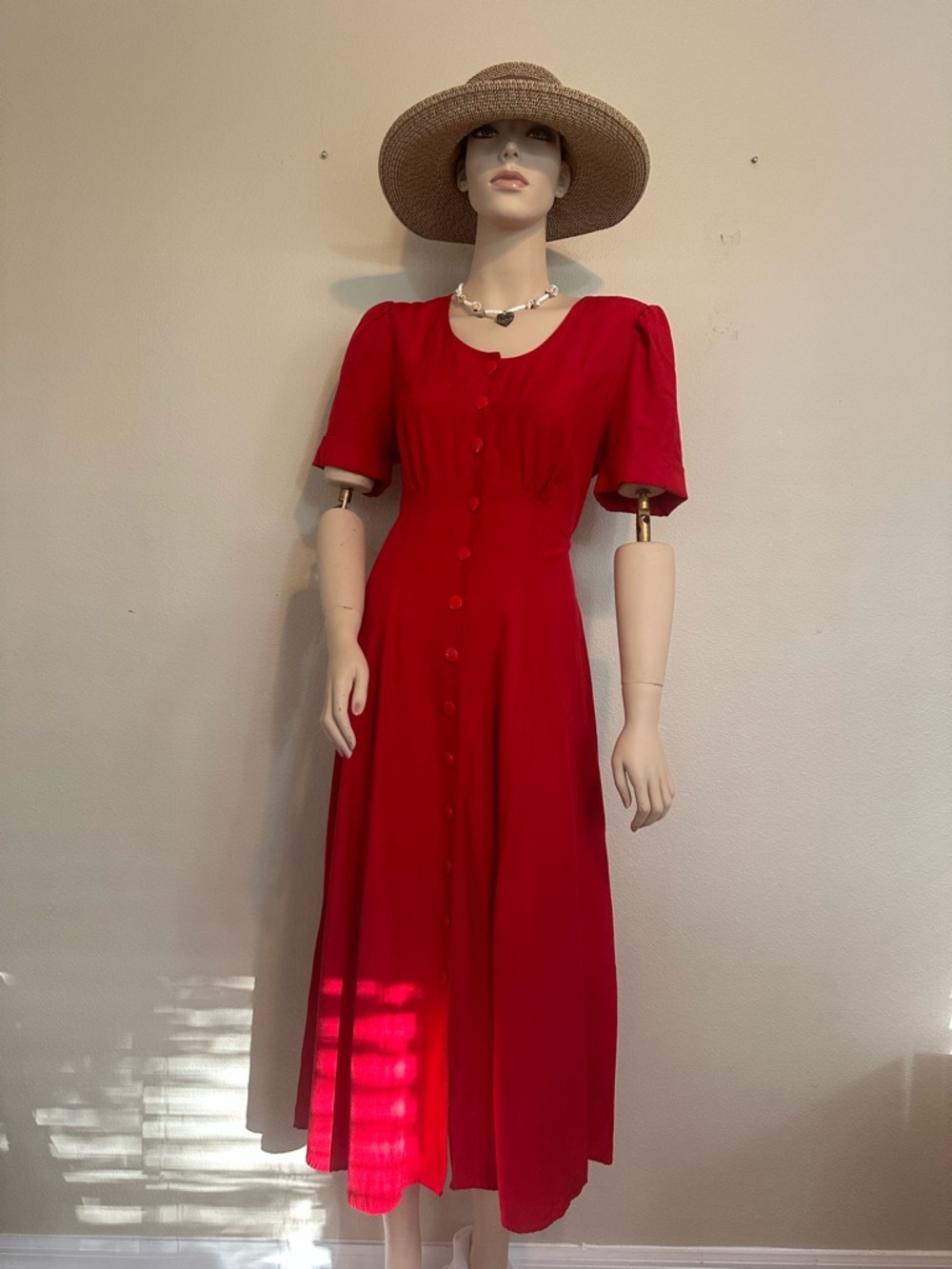 VTG 90s Vintage Blue Red Rayon Midi Button Front Dress Size 9/10 Grunge